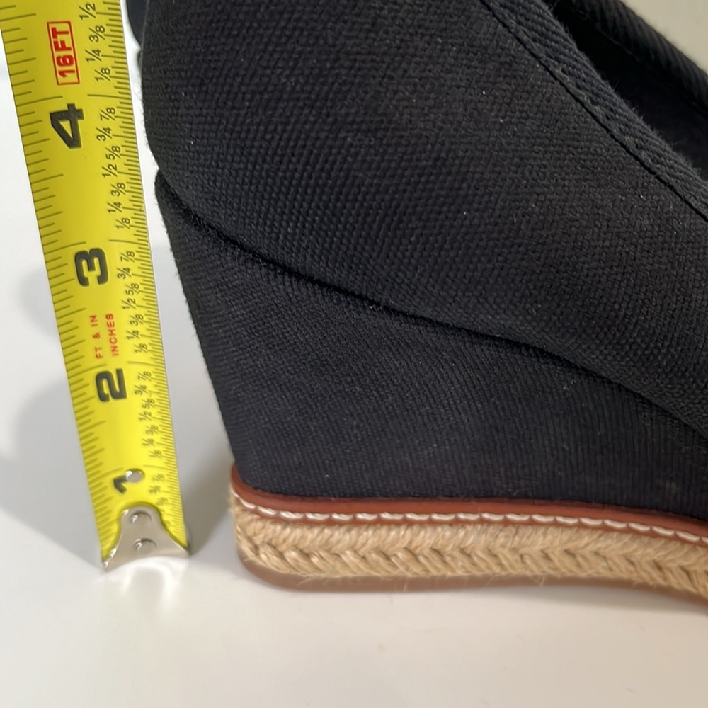 Tory Burch Black Canvas Wedge Espadrille Peep-Toe Pumps with Logo Bow - Picture 9 of 12
